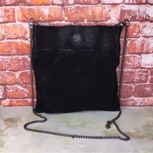 Free People Nicolette Black Suede Croc Embossed Slim Chain Strap Crossbo…